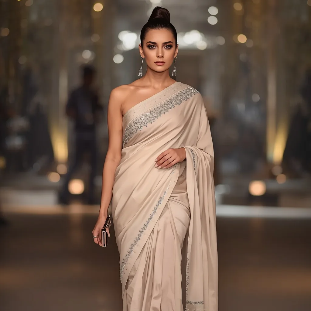 A Fashion-Forward Indian Woman in a Pre-Draped Saree at a Cocktail Event – Saree Prompts AI prompt example