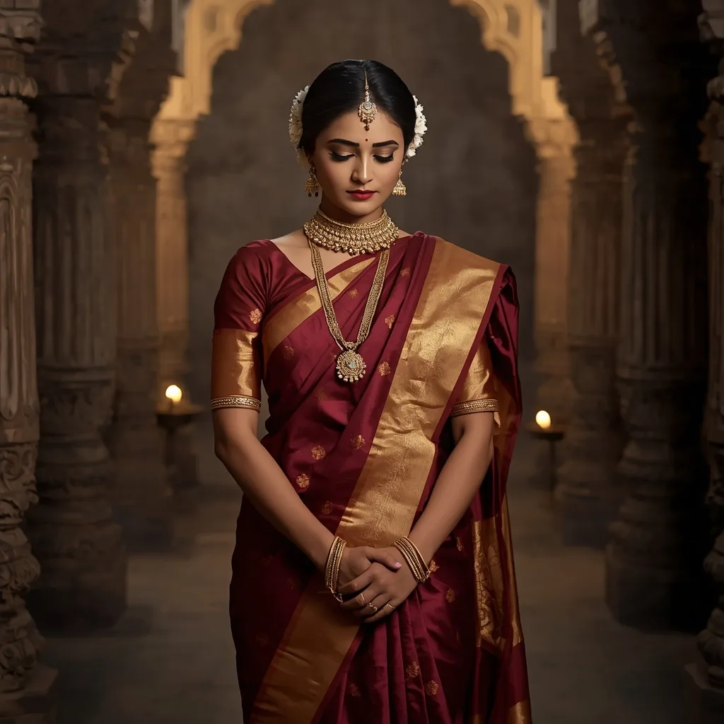 A Graceful Indian Woman in a Traditional Silk Saree with Temple Jewelry – Saree Prompts AI prompt example