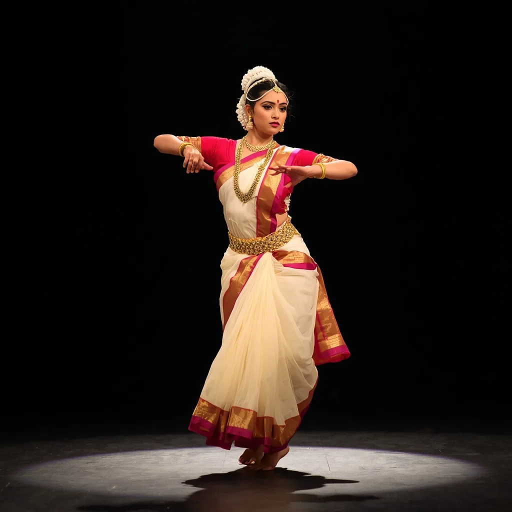 A Graceful Indian Woman Performing Classical Dance in a Traditional Saree AI prompt example