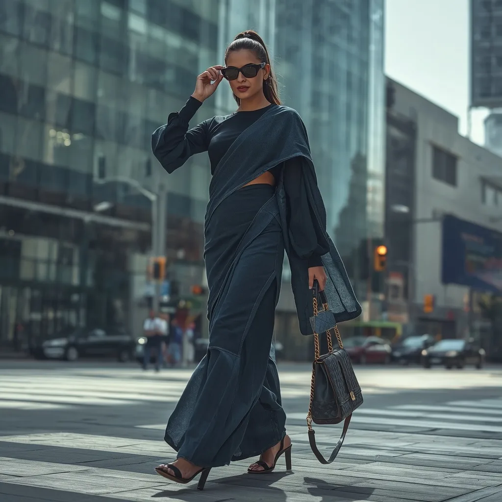 A Modern Indian Woman in a Fusion Saree Against an Urban Backdrop – Saree Prompts AI prompt example
