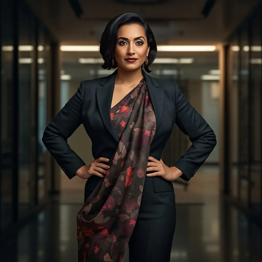 A Powerful Indian Woman in a Power Suit with a Statement Saree – Saree Prompts AI prompt example