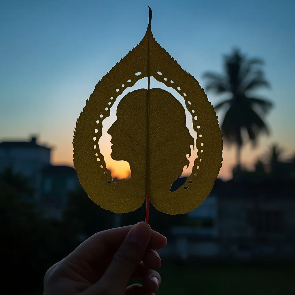 An Ultra-realistic Handcrafted Leaf-Cut Portrait at Blue Hour – Premium Prompts AI prompt example