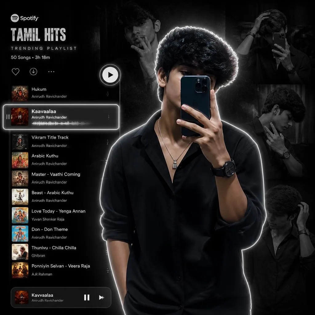 Dark Aesthetic Mirror Selfie: Tamil Spotify Playlist Poster – Premium Prompts AI prompt example