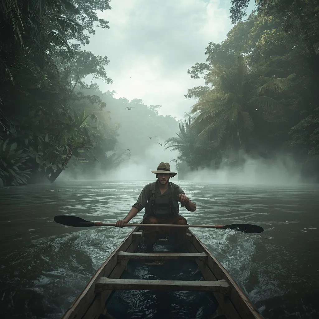 Determined Male Explorer Crossing a Lush Amazonian River – Men's Prompts AI prompt example