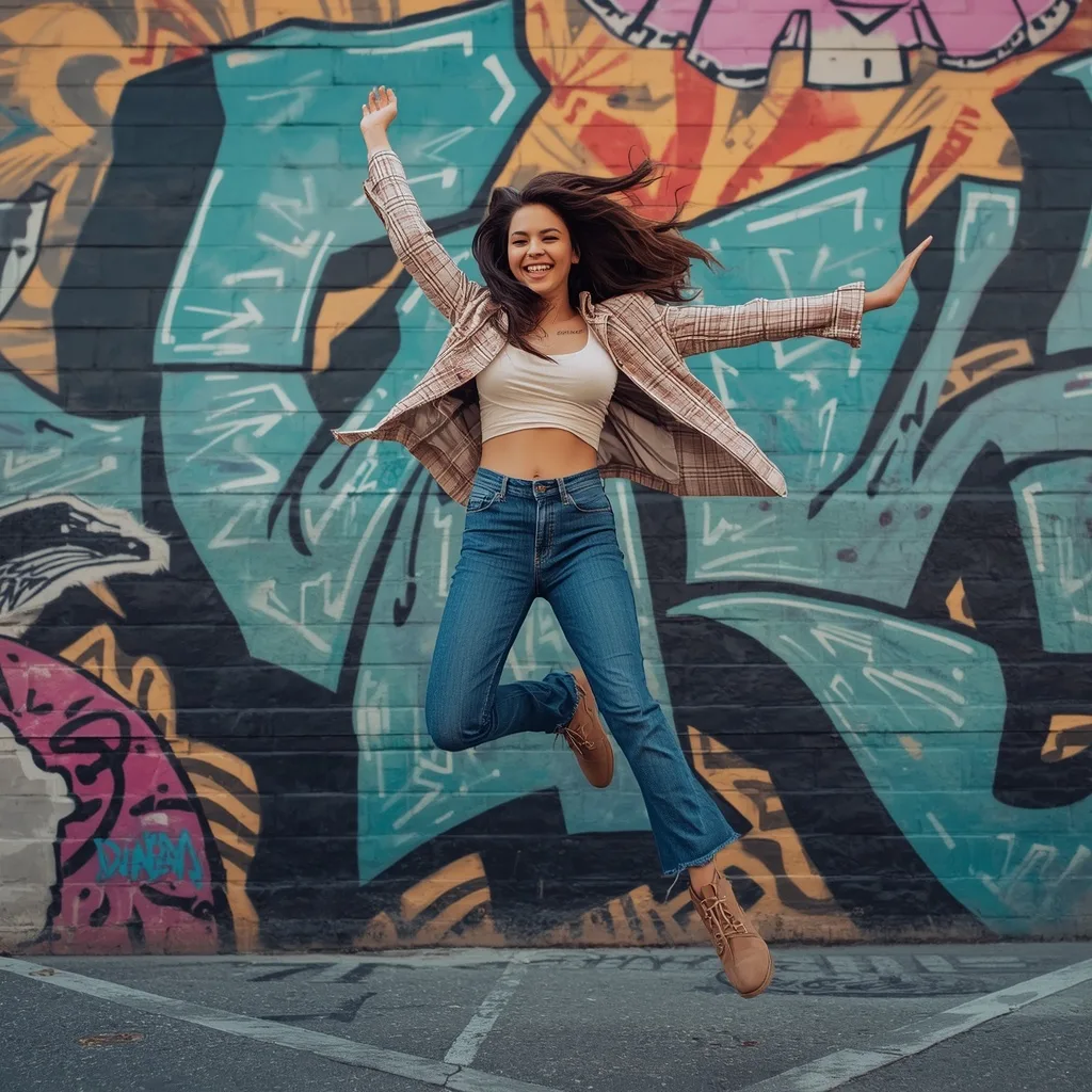 Energetic Influencer in Western Wear Mid-Jump – Girl's Prompts AI prompt example