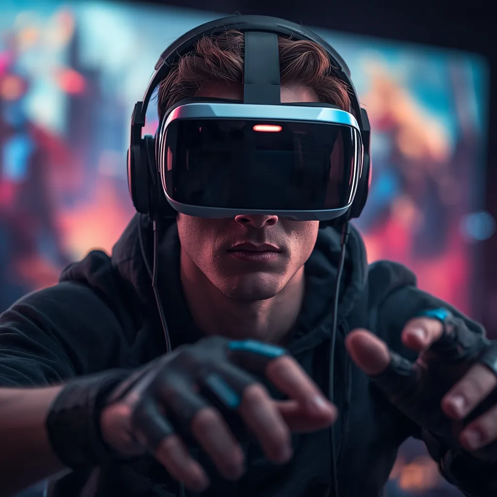 Focused Male Gamer Immersed in a Hyper-Realistic VR World – Men's Prompts AI prompt example