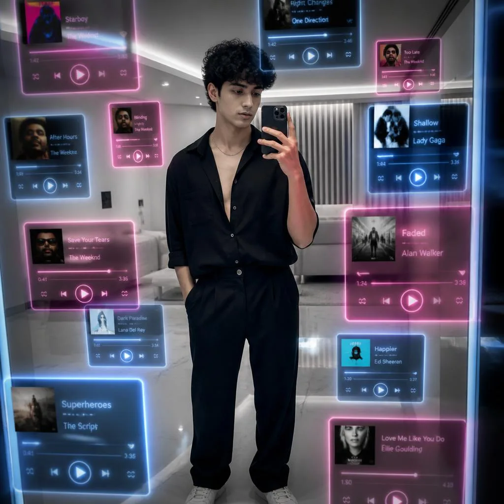 Futuristic Mirror Selfie: Floating Neon Music Holograms AI prompt example
