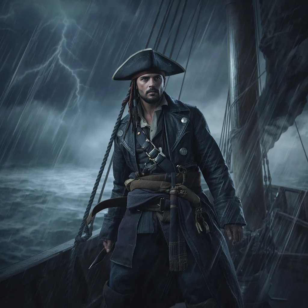 Gallant Male Pirate Captain on a Stormy Sea Ship Deck – Men's Prompts AI prompt example