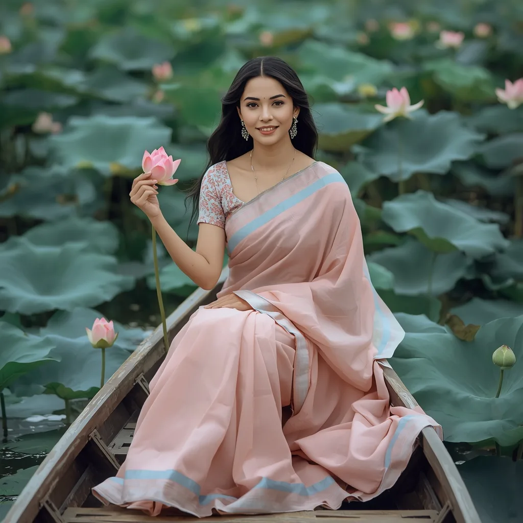 Graceful Woman in Pink Saree, Holding Lotus on a Calm Lake – Saree Prompts AI prompt example