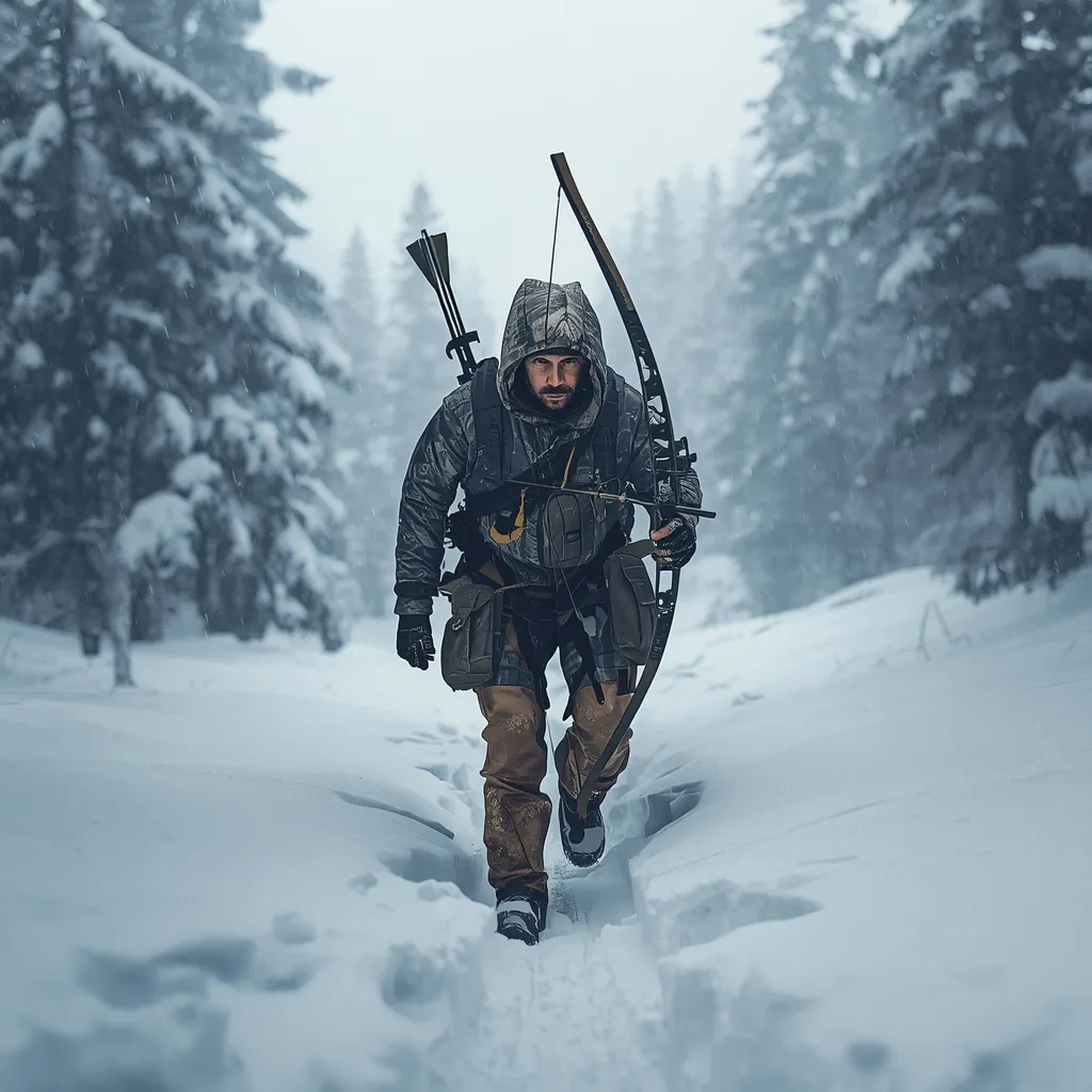 Intense Male Hunter Tracking Prey in a Snowy Wilderness – Men's Prompts AI prompt example