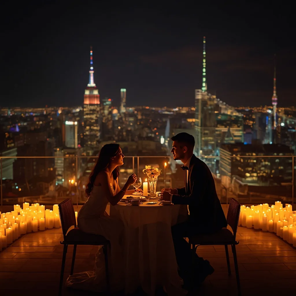 Romantic Couple Enjoying a Candlelit Dinner on a Rooftop – Couple Prompts AI prompt example