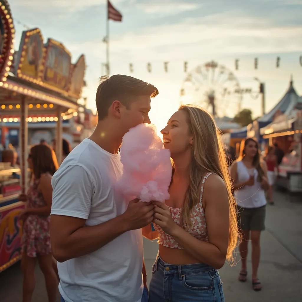 Romantic Couple Sharing Cotton Candy at a Summer Fair – Couple Prompts AI prompt example