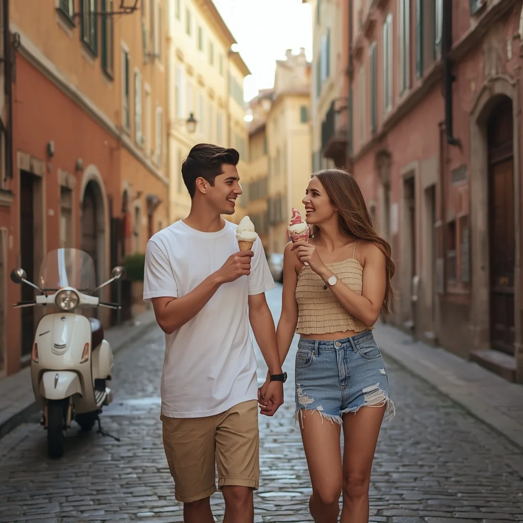 Romantic Couple Sharing Gelato on a Cobblestone Street in Italy – Couple Prompts AI prompt example