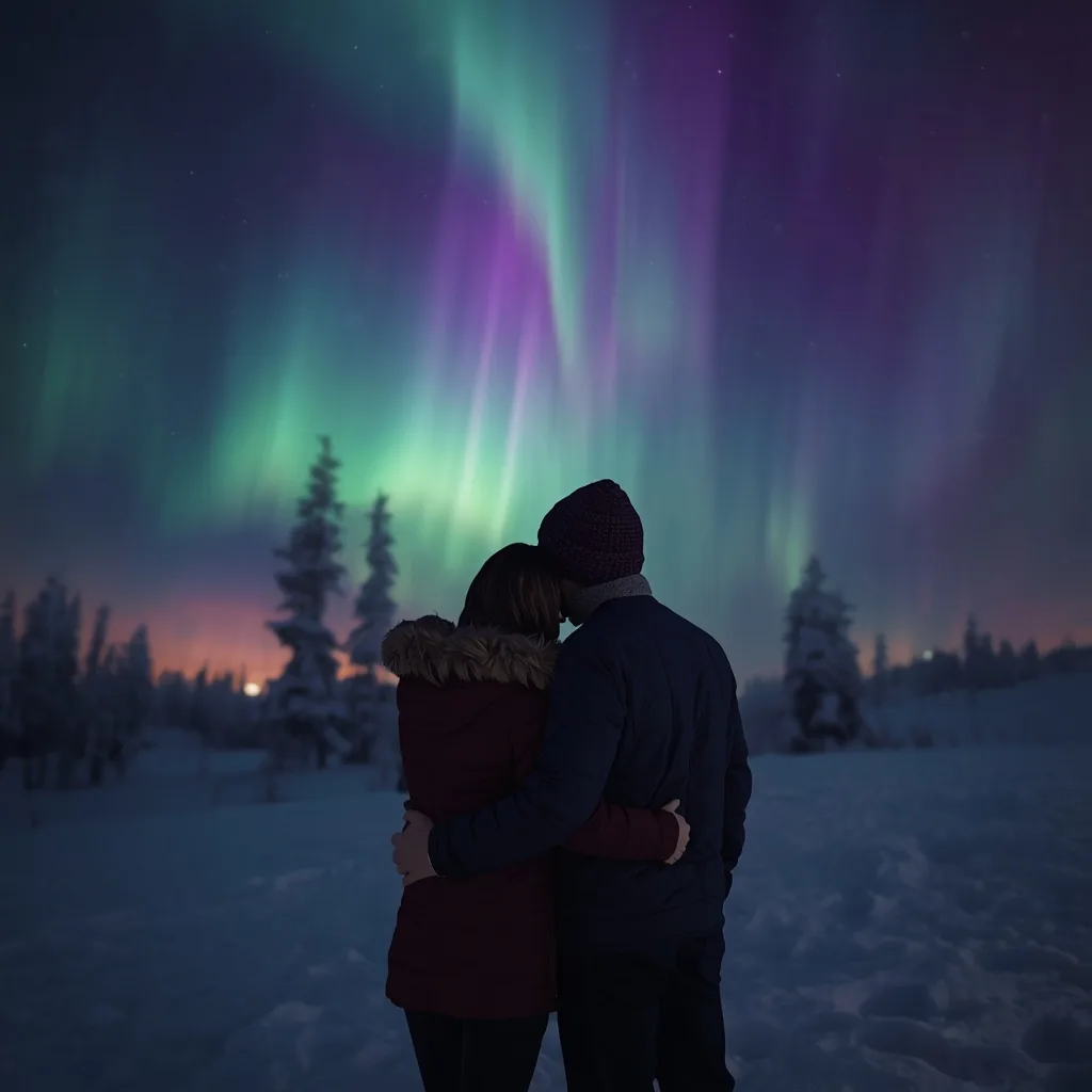 Romantic Couple Watching the Aurora Borealis in a Snowy Landscape – Couple Prompts AI prompt example