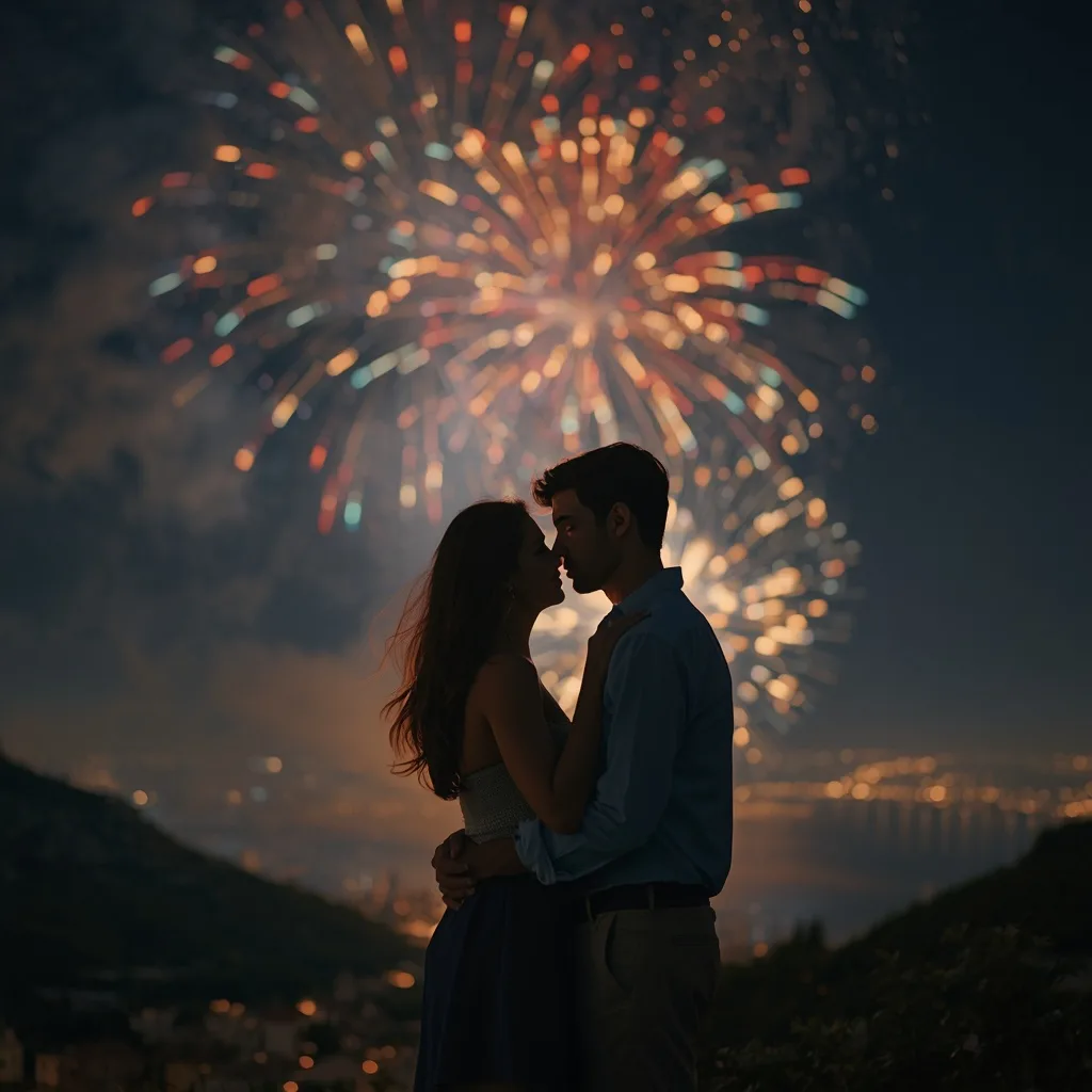 Romantic Couple's Embrace Under a Dazzling Display of Fireworks – Couple Prompts AI prompt example