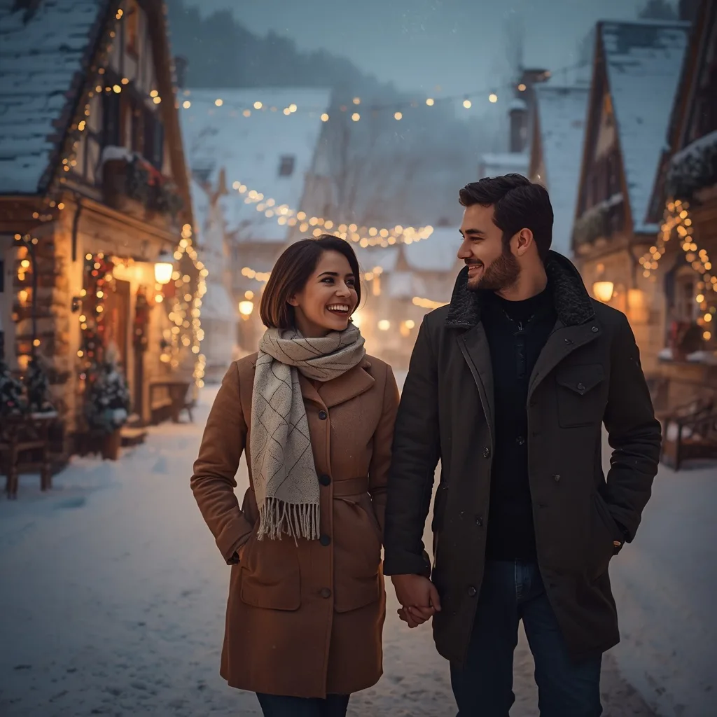 Romantic Couple's Joyful Stroll Through a Snowy Village – Couple Prompts AI prompt example