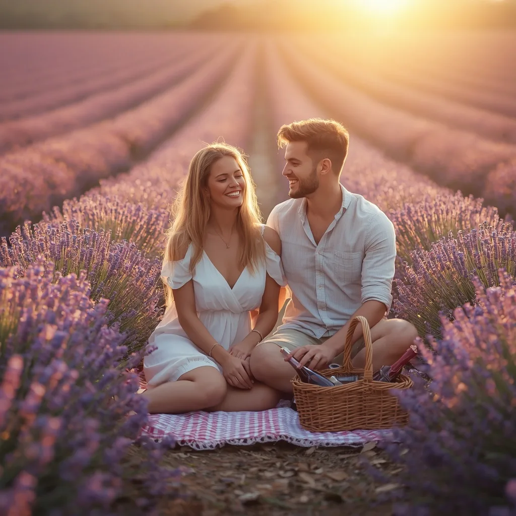 Romantic Couple's Picnic in a Sun-Drenched Lavender Field – Couple Prompts AI prompt example