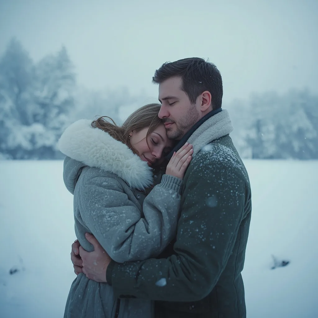 Romantic Couple's Tender Embrace in a Snowy Landscape – Couple Prompts AI prompt example