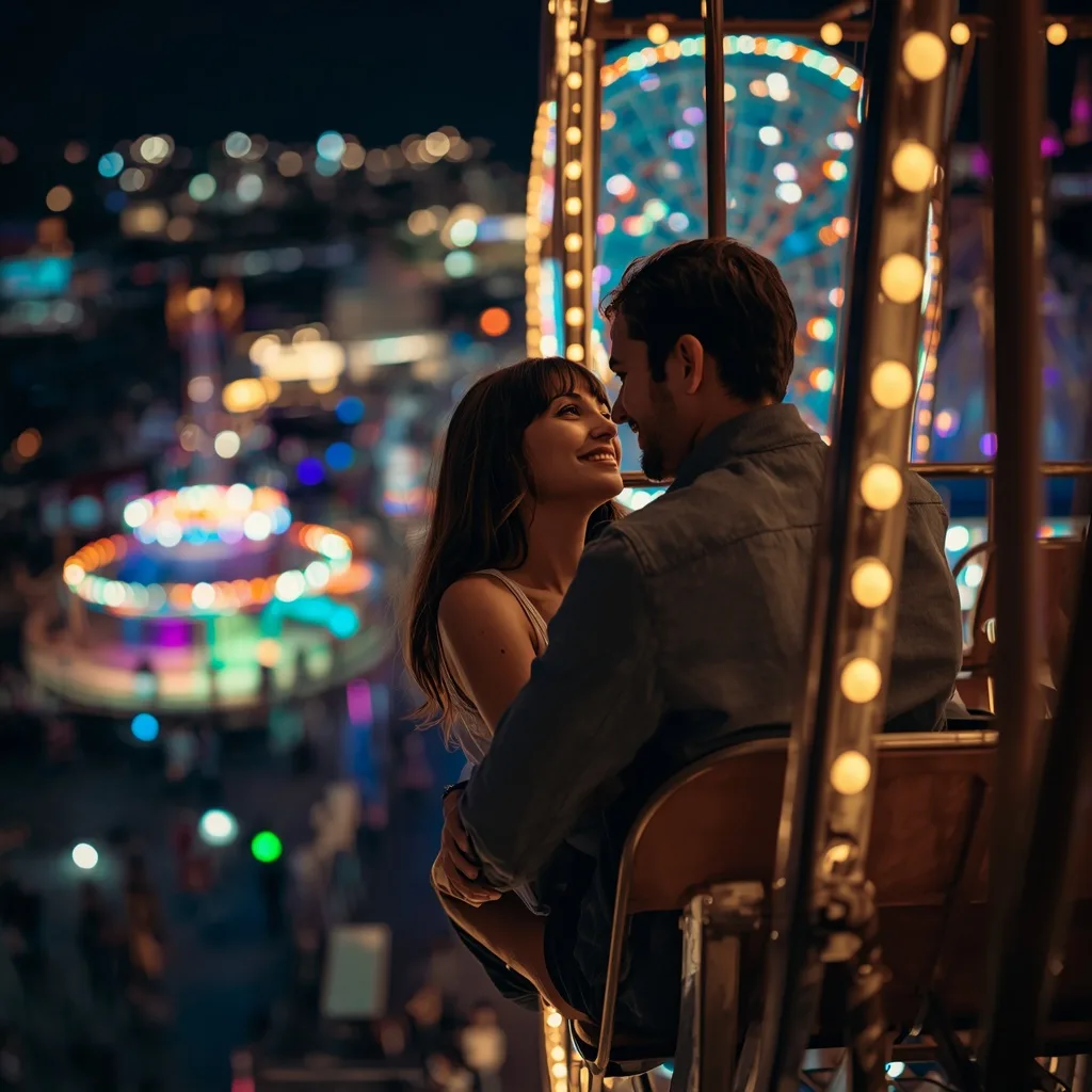 Romantic Couple's Tender Moment on a Vintage Ferris Wheel – Couple Prompts AI prompt example