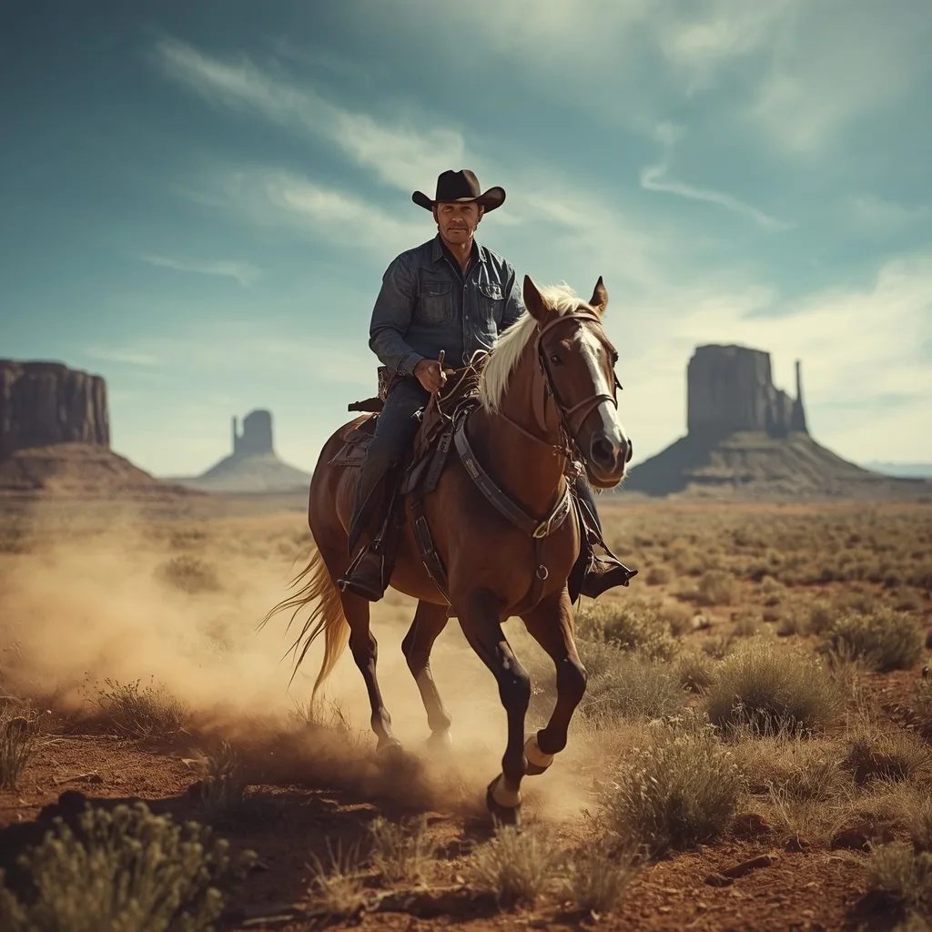 Rugged Male Cowboy Riding Through a Sun-Drenched Western Landscape – Men's Prompts AI prompt example