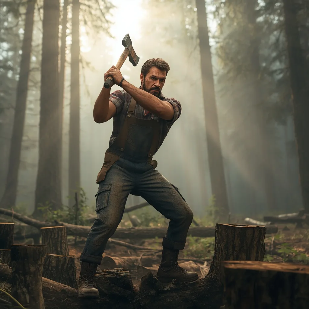 Rugged Male Logger Chopping Wood in a Misty Forest – Men's Prompts AI prompt example