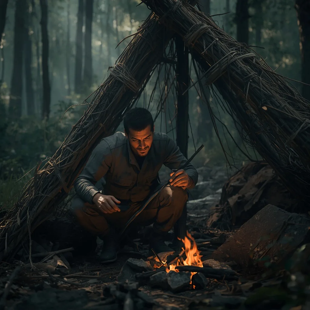Rugged Male Survivalist Building a Shelter in the Wilderness – Men's Prompts AI prompt example