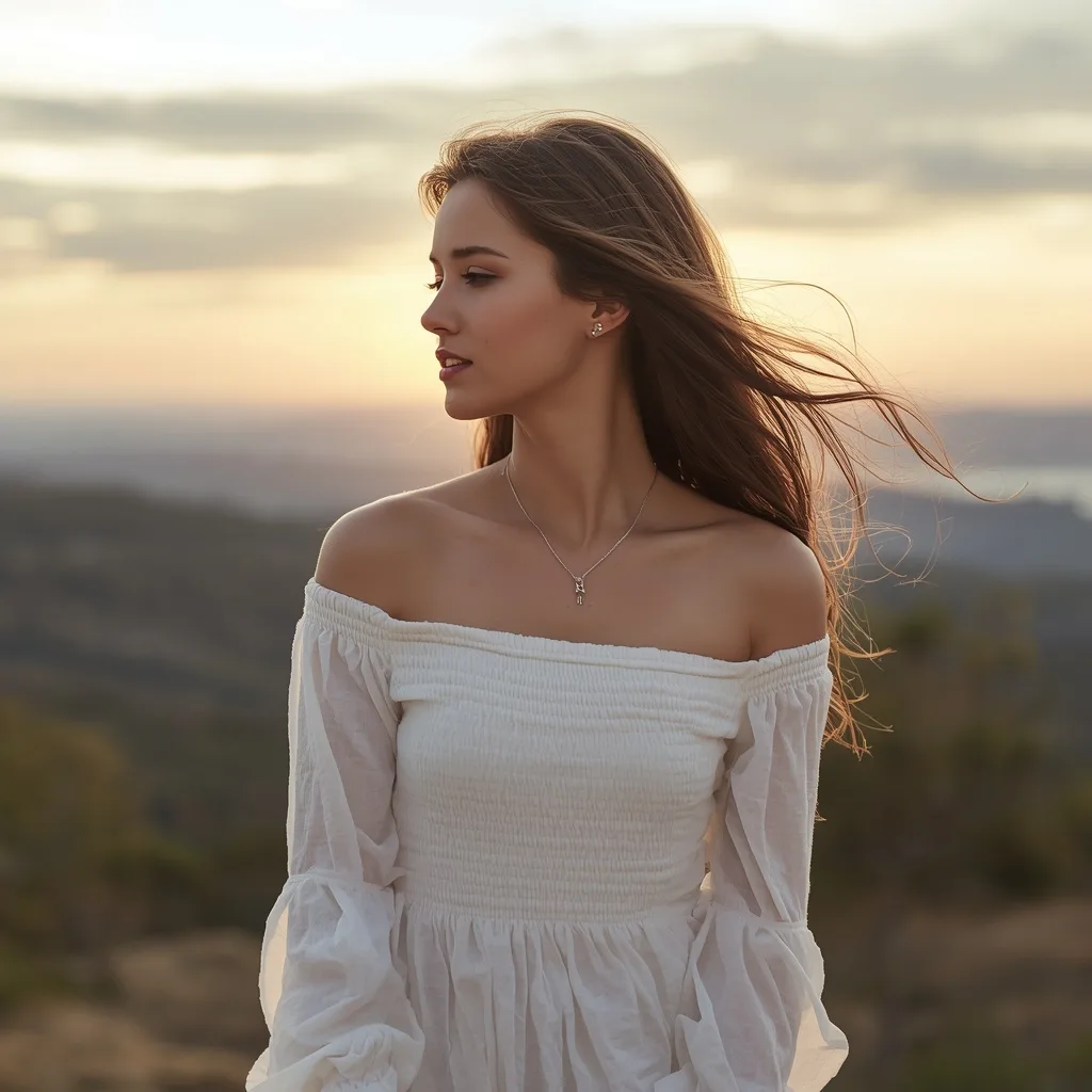 Youthful Woman in a Flowy Off-Shoulder White Mini Dress at Sunset – Women's Prompts AI prompt example