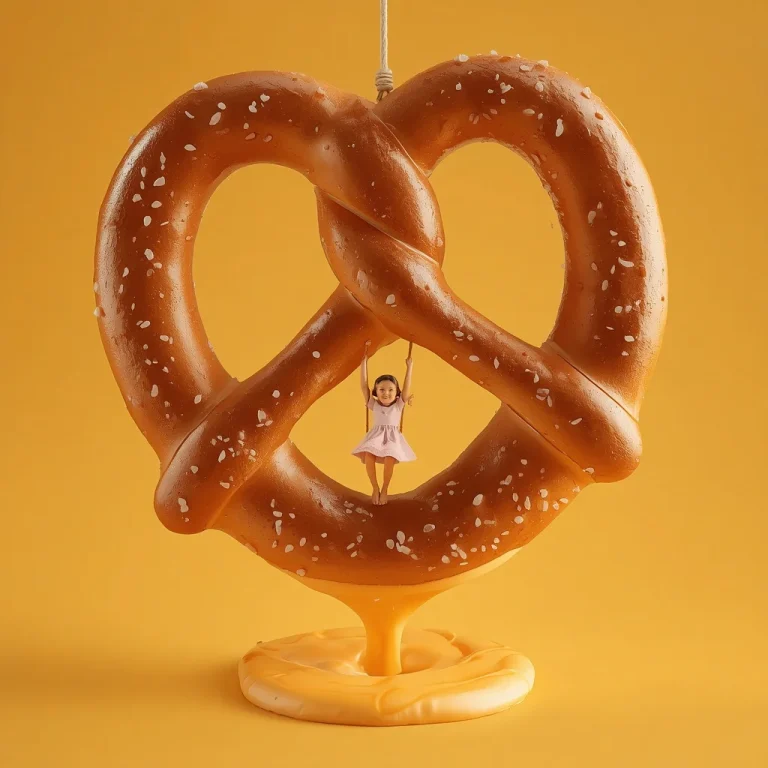 A Girl’s Playful Swing on a Giant Pretzel Knot | Ultra-realistic Food Fantasy