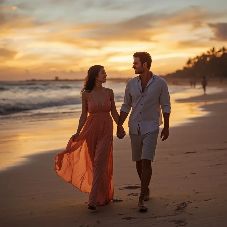 A Romantic Couple Enjoying a Sunset Beach Walk | Prompt seen couple hug