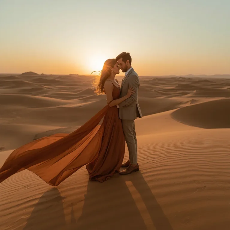 A romantic couple in dramatic high fashion desert shoot scenery | Romantic Prompt