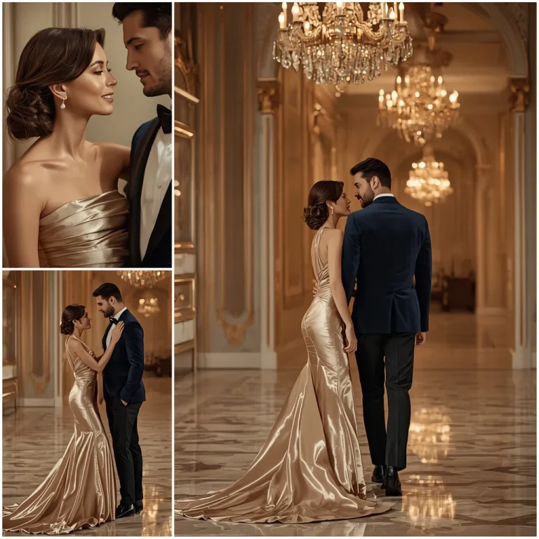 A romantic couple in high fashion western evening wear in a ballroom | Hot Romantic Prompt