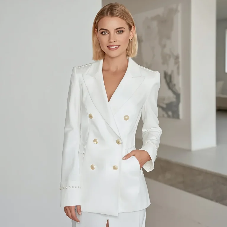 Chic White Blazer Dress with Pearl Details for a Sophisticated Event | ChatGPT photo editing prompts trending Instagram for girl
