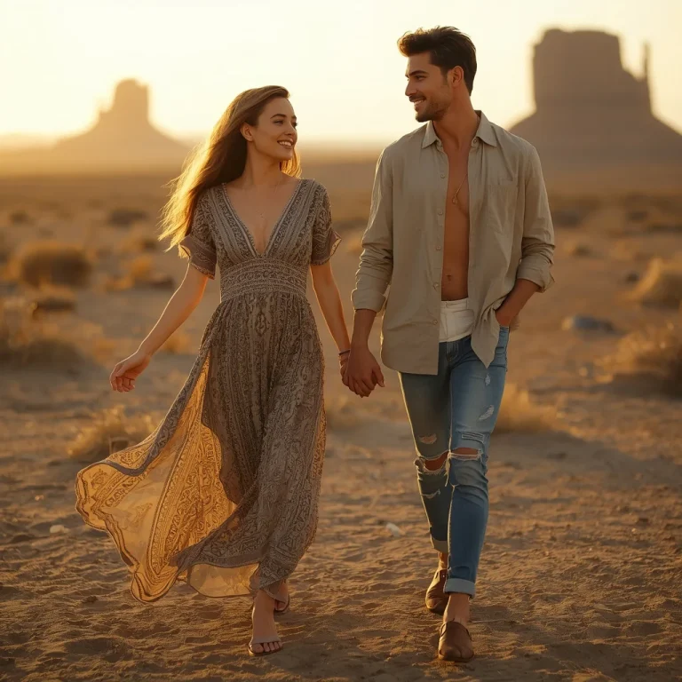Couple in Coordinated Boho Casual Wear, Desert Landscape | trending ai prompt