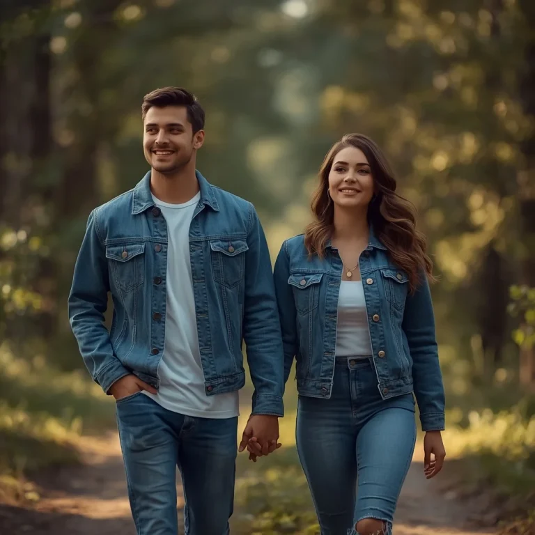 Couple in Coordinated Casual Wear, Rustic Outdoor Setting | Prompt seen wedding couple AI photo editing