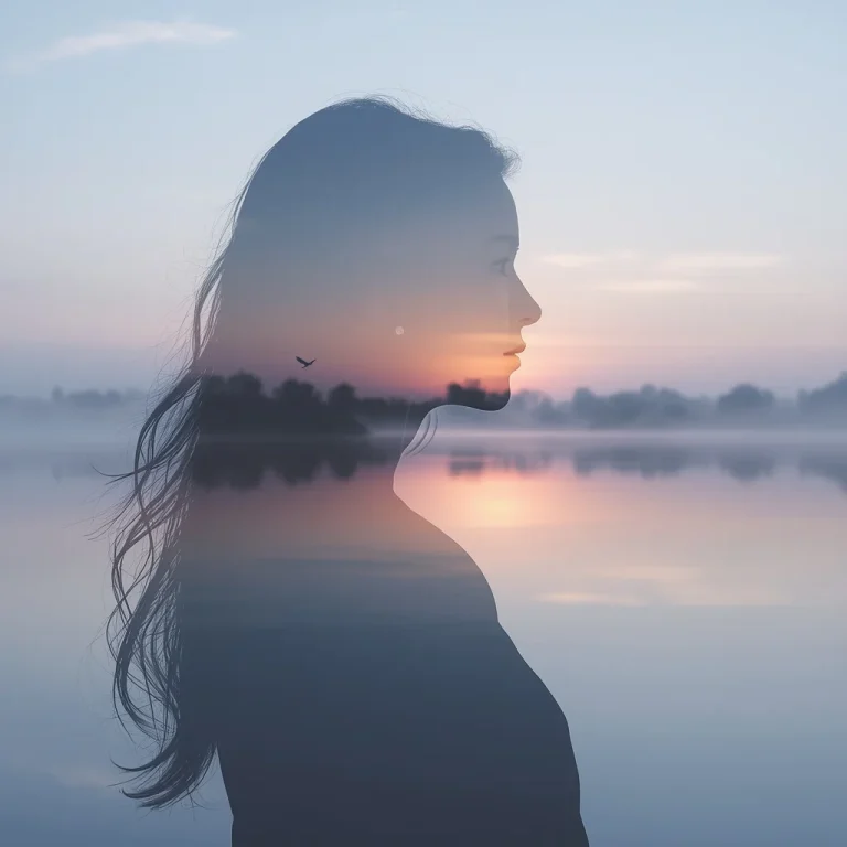 Dreamy Waterscape: A Beautiful Girl’s Silhouette Reflecting a Serene Lake | Serene Double Exposure