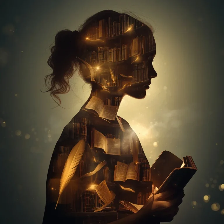 Enchanted Library: A Beautiful Girl’s Silhouette Revealing a Magical Book Realm | Enchanting Double Exposure