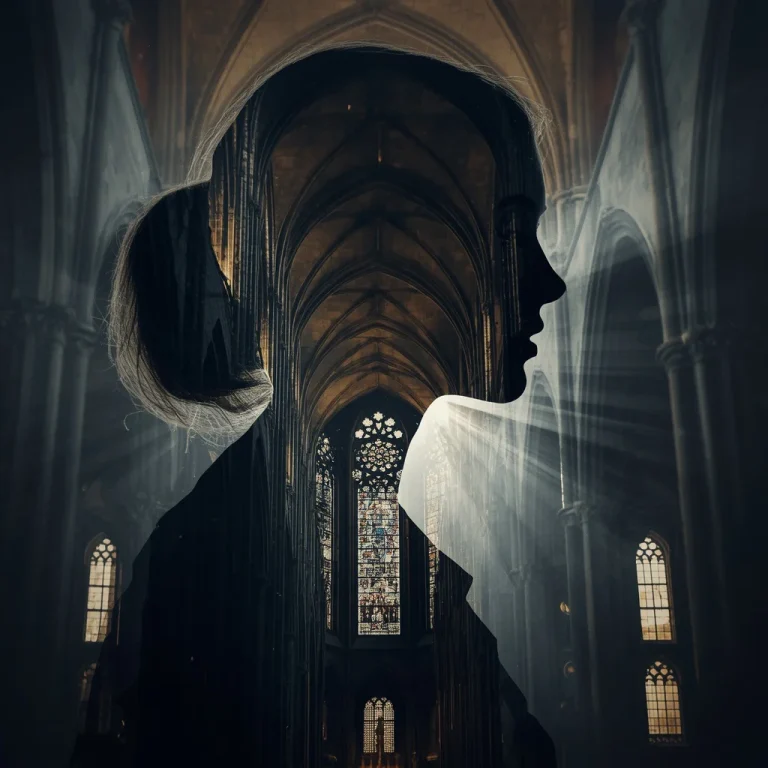 Gothic Beauty: A Beautiful Girl’s Silhouette Reflecting a Medieval Cathedral Interior | Dramatic Double Exposure
