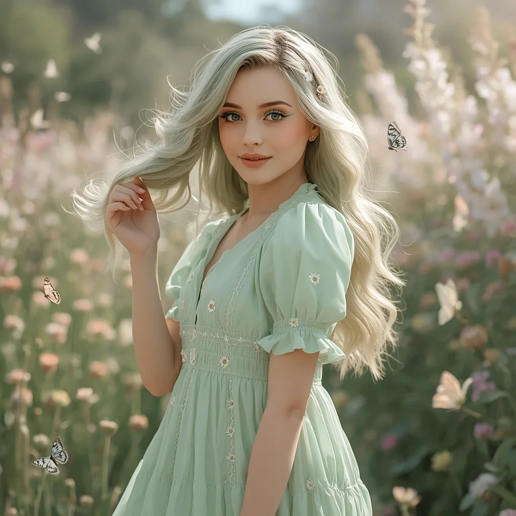 Mint Pastel Influencer in Prairie Dress Amidst Spring Garden | Cinematic Ultra-photorealistic Portrait