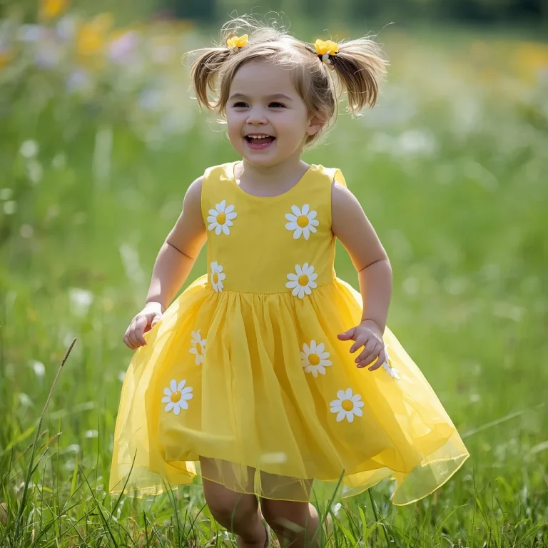 Playful Childhood Charm: Bright Yellow Sundress with Daisy Appliques | free prompt for girls college