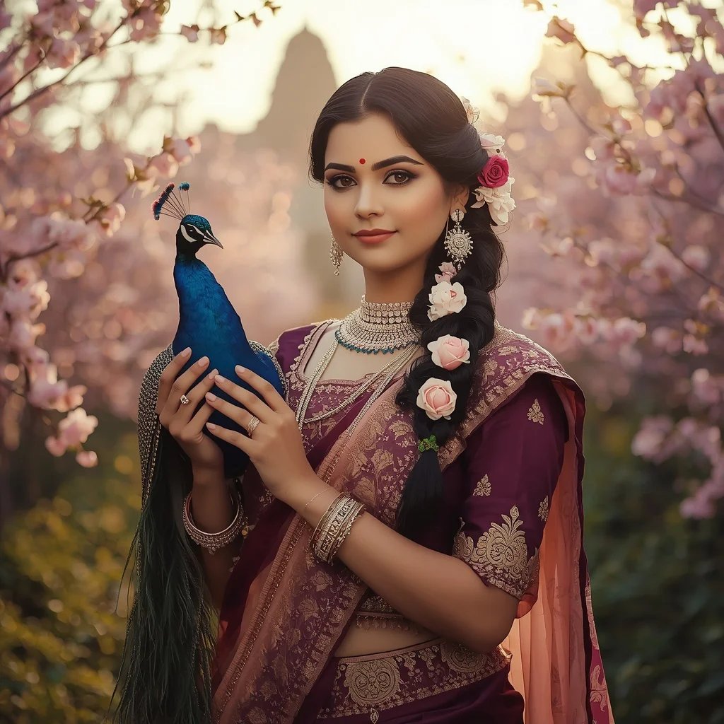 Radha Rani Portrait Holding a Peacock in a Blossom Garden | Uploaded Photorealistic Portrait