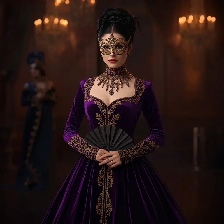 Regal Deep Purple Velvet Gown with Gold Embroidery at a Masquerade | prompt gemini