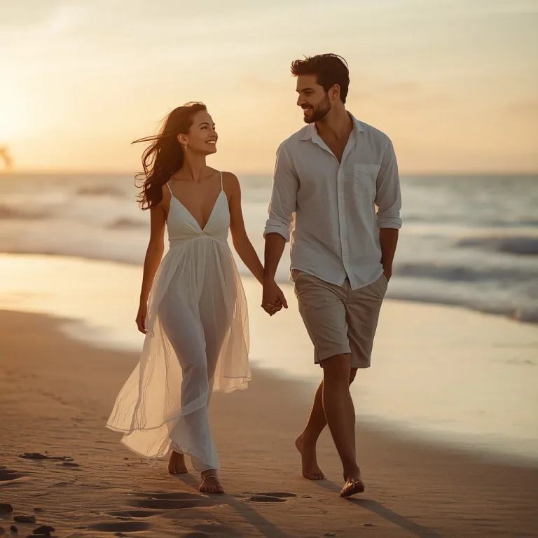 Romantic Couple’s Sunset Beach Stroll | Romantic Couple Taking