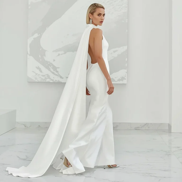 Sleek White Column Gown with a Dramatic Cape for a Modern Gala | Prompt for traditional look for couple