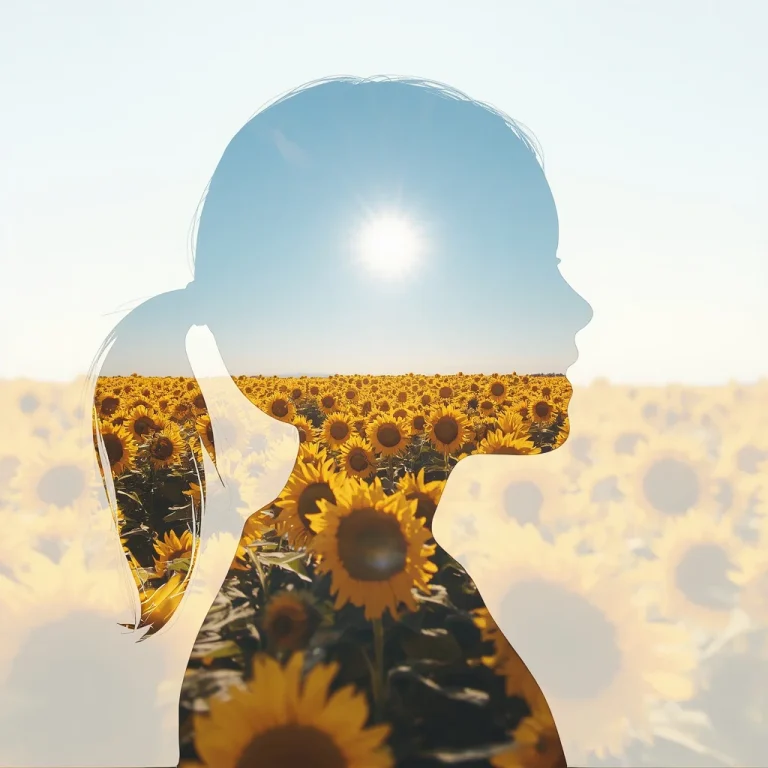 Sunflower Field Joy: A Cute Girl’s Silhouette Amidst Golden Blooms | Cheerful Double Exposure